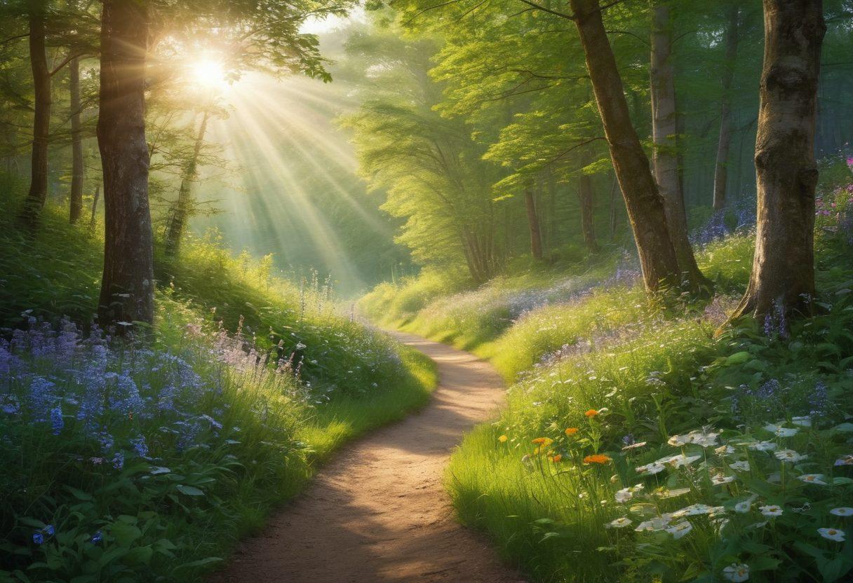A serene landscape showing a path winding through a lush green forest, symbolizing an empowering journey. Along the path, vibrant wildflowers bloom, representing hope and health, while gentle sunlight filters through the leaves, creating a warm atmosphere. Include subtle images of supportive figures, like a caregiver and a patient, sharing a moment of connection. The scene should evoke feelings of strength, support, and nature's healing power. super-realistic. vibrant colors. soft lighting.