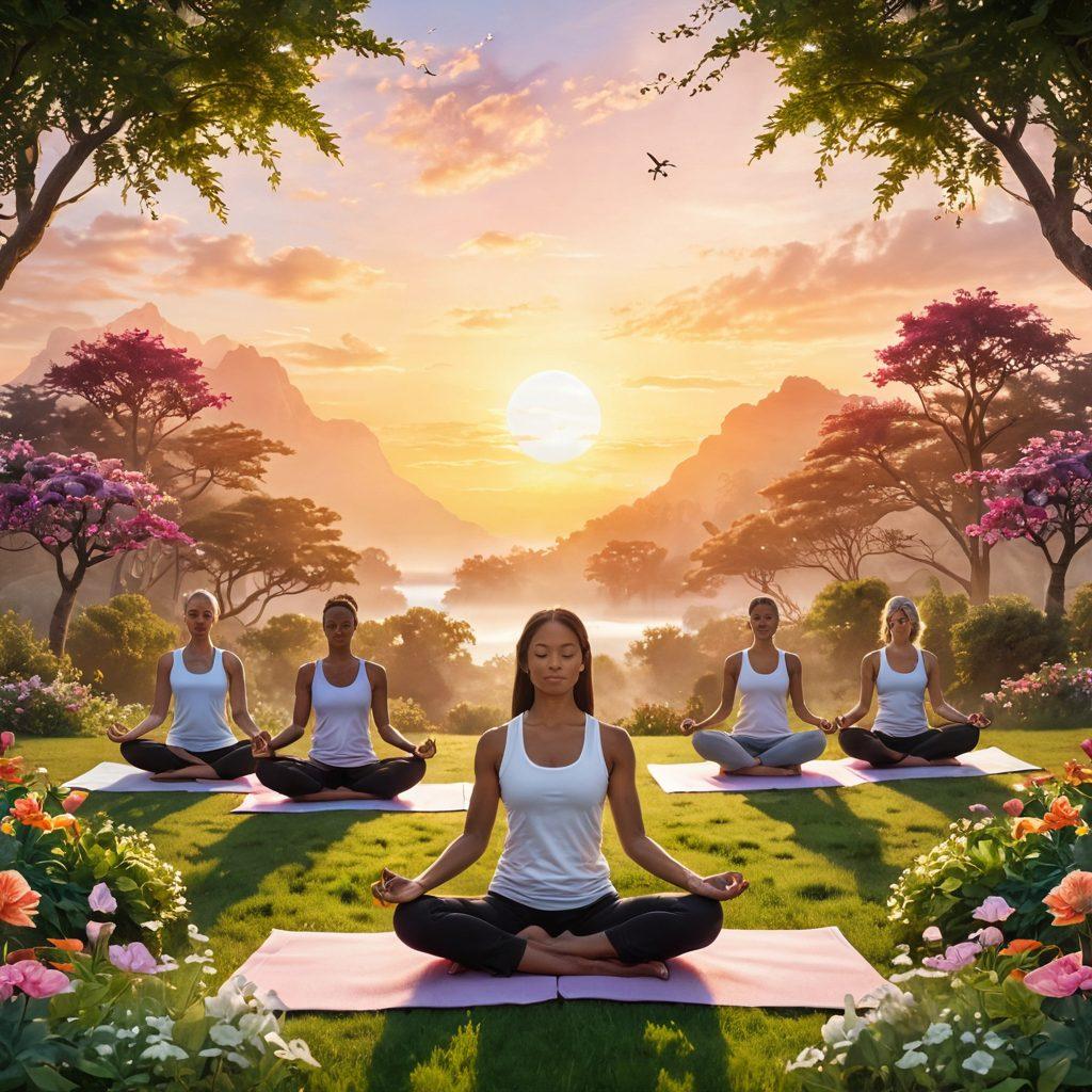 A serene scene depicting a diverse group of people engaging in various wellness activities, such as yoga and meditation, surrounded by lush greenery and vibrant flowers, symbolizing healing and hope. In the background, there are subtle visuals of medical symbols and advocacy ribbons, representing cancer awareness. The sky is painted with a soft sunrise, indicating a new dawn of integrative approaches. super-realistic. vibrant colors. peaceful atmosphere.